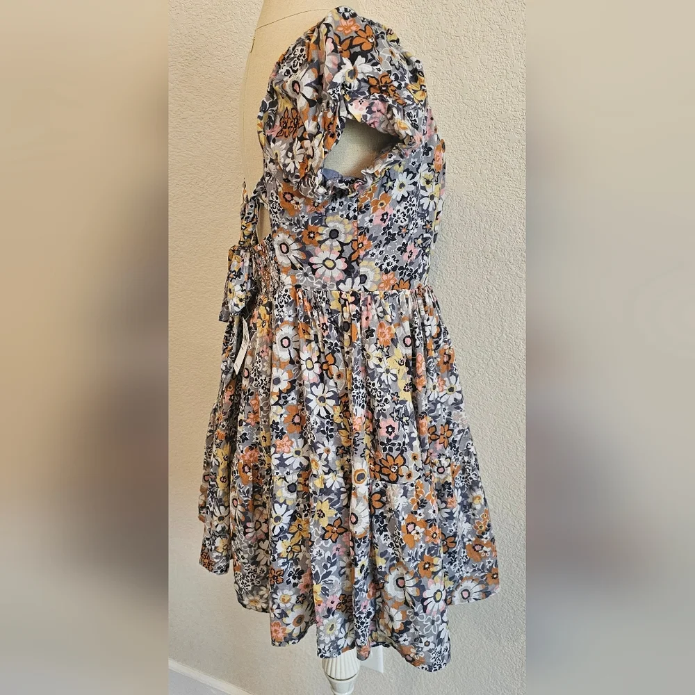 NWT AMERICAN EAGLE Puff Sleeve Tie Back Ruched Cotton Floral Short Dress Medium - Picture 8 of 15